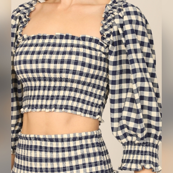 Olivaceous Navy Plaid Puff  Sleeve Smocked Crop Top Ruffle  Skirt Set Navy - Picture 5 of 11